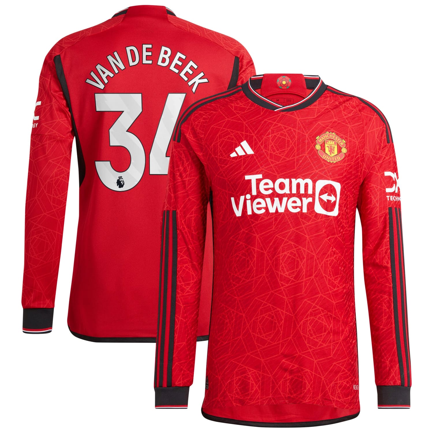 Premier League Manchester United Home Authentic Jersey Shirt Long Sleeve 2023-24 player Donny Van De Beek 34 printing for Men