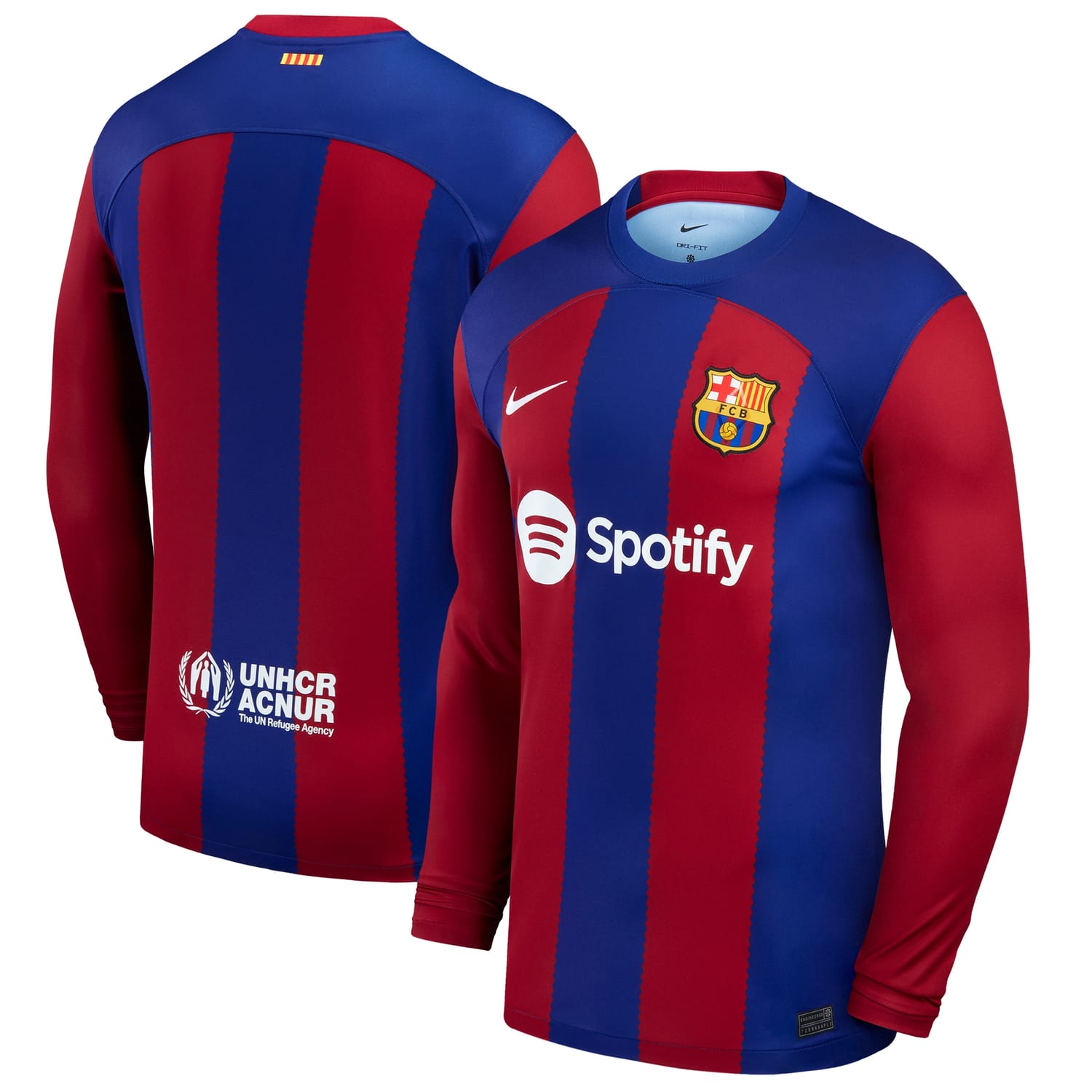 La Liga Barcelona Home Jersey Shirt Long Sleeve Royal 2023-24 for Men