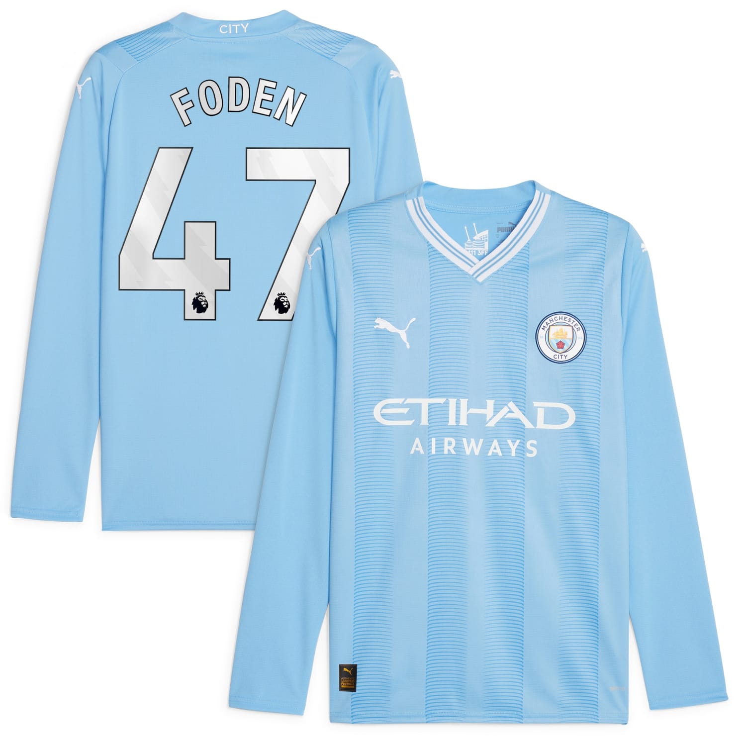Premier League Manchester City Home Jersey Shirt Long Sleeve Sky Blue 2023-24 player Phil Foden printing for Men