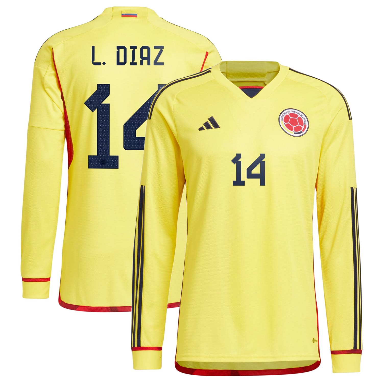 Colombia National Team Home Jersey Shirt Long Sleeve Yellow 2022-23 player Luis Diaz printing for Men