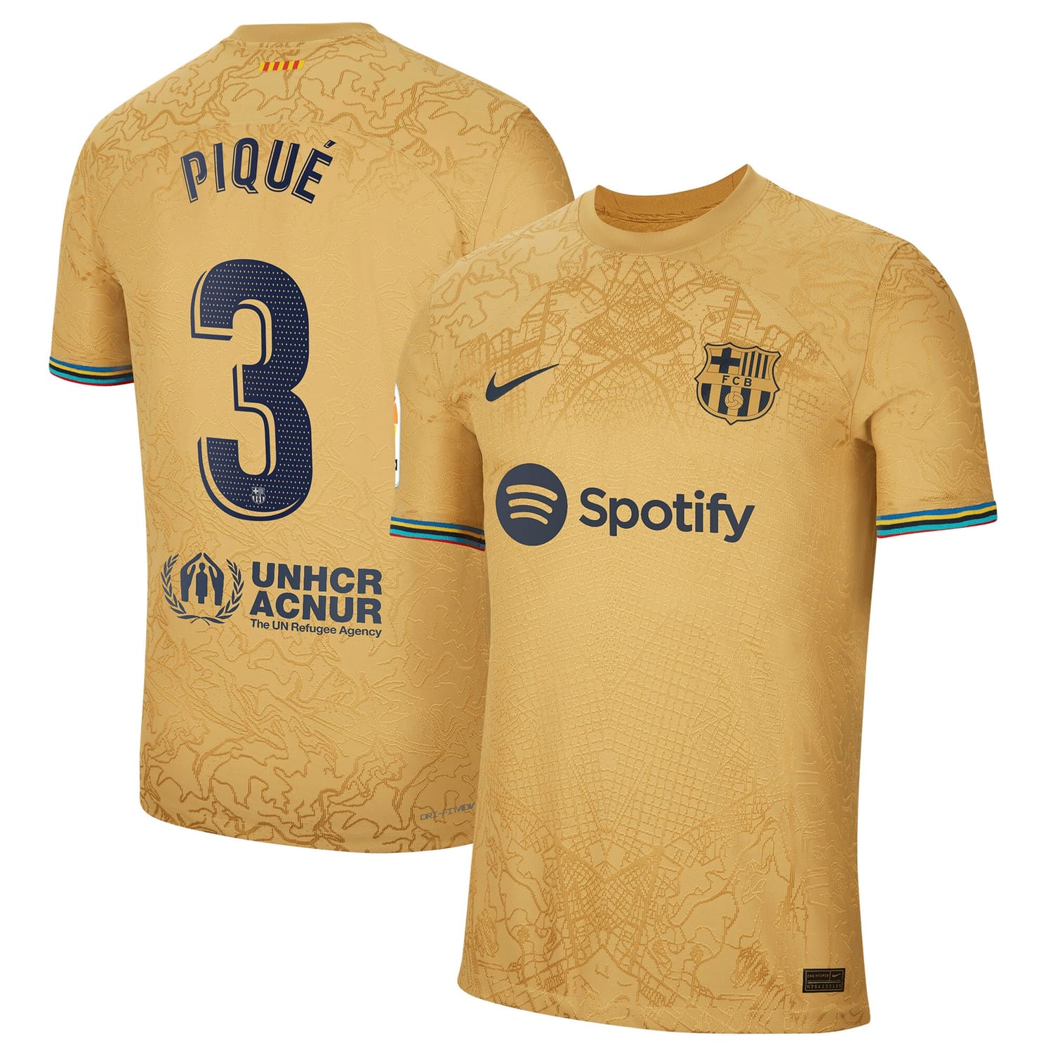 La Liga Barcelona Away Authentic Jersey Shirt Gold 2022-23 player Gerard Pique printing for Men