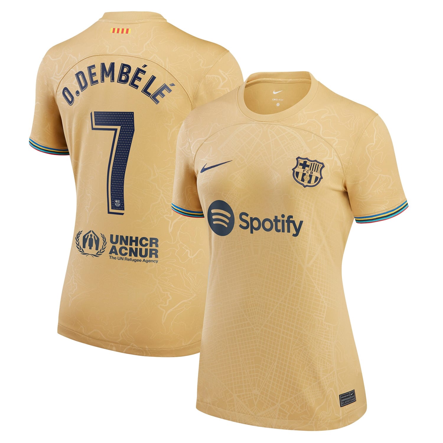 La Liga Barcelona Away Jersey Shirt Gold 2022-23 player Ousmane Dembele printing for Women
