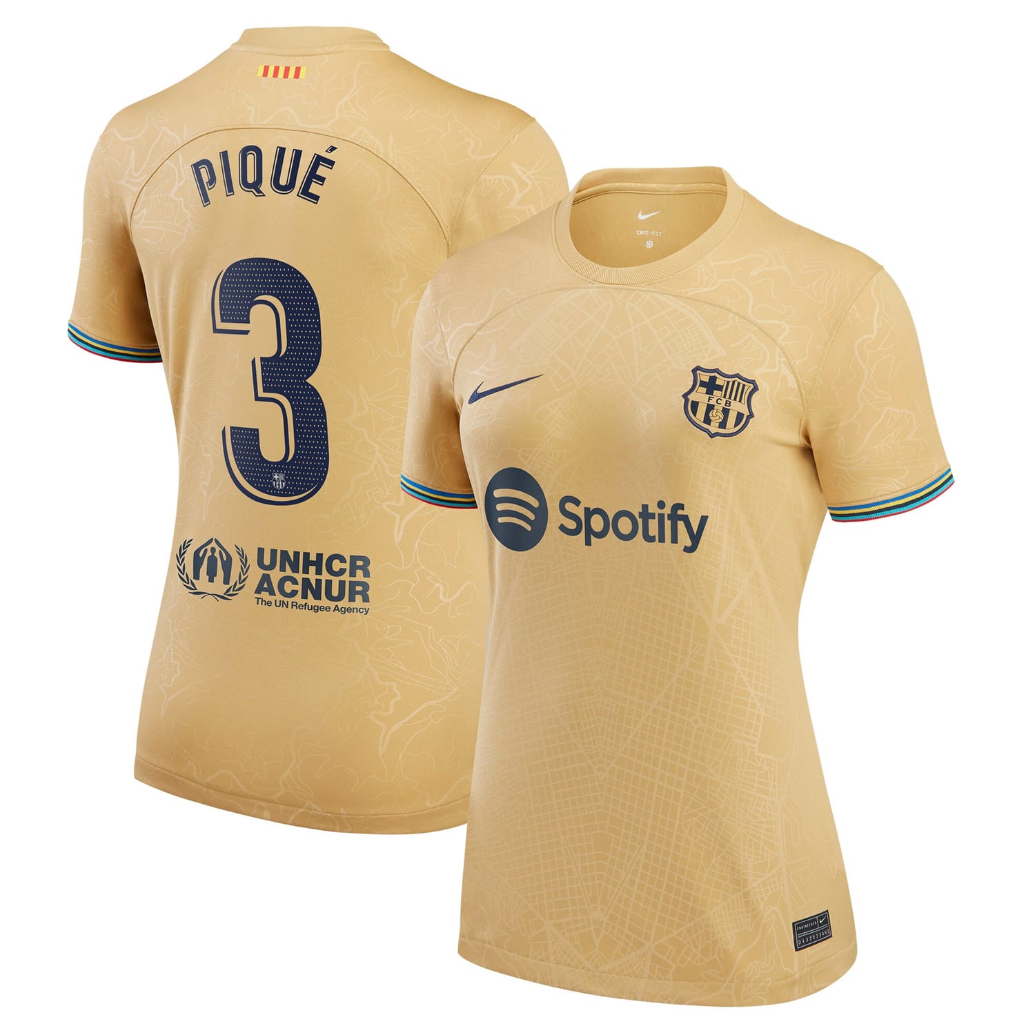 La Liga Barcelona Away Jersey Shirt Gold 2022-23 player Gerard Pique printing for Women